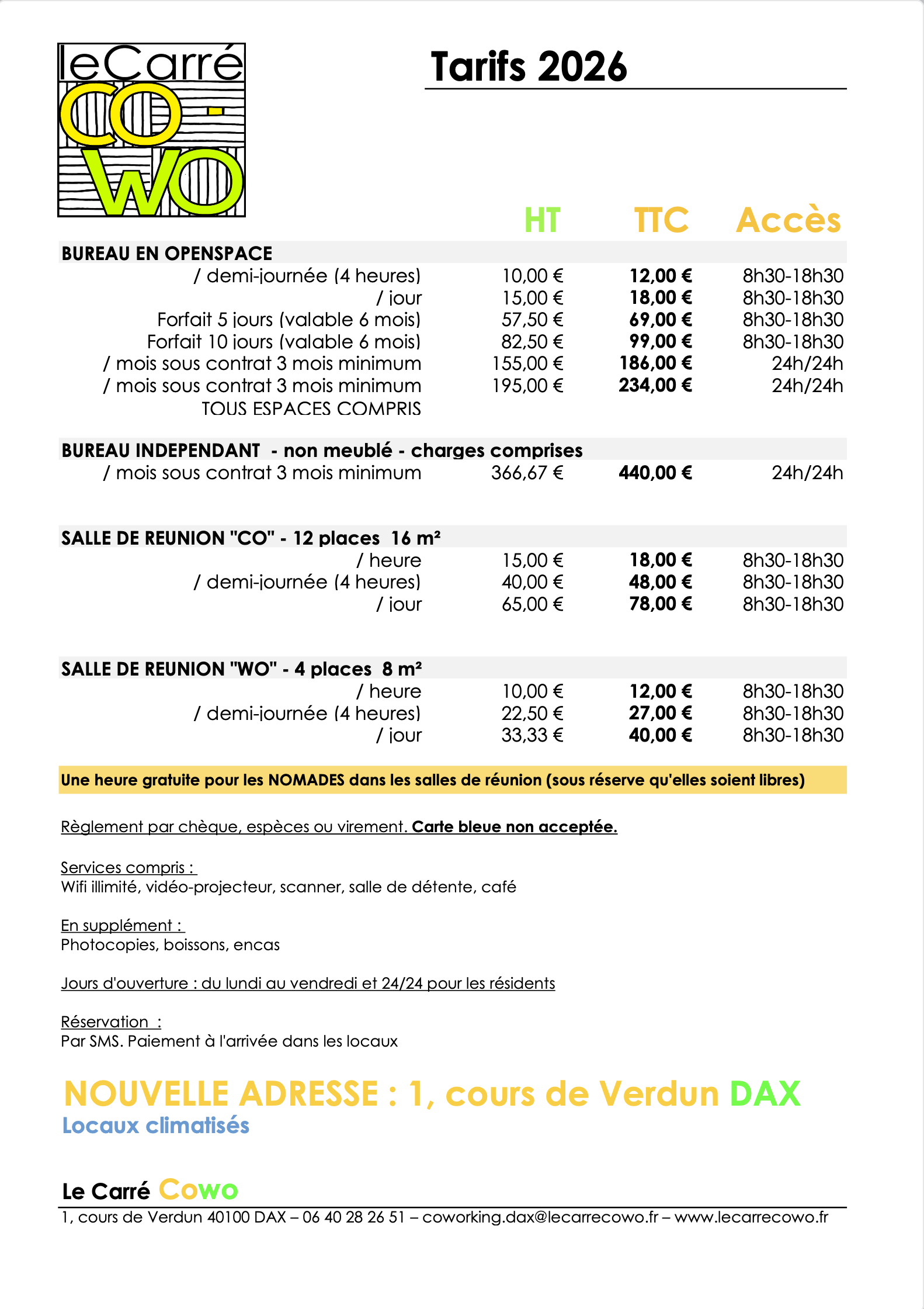 Télécharger les tarifs